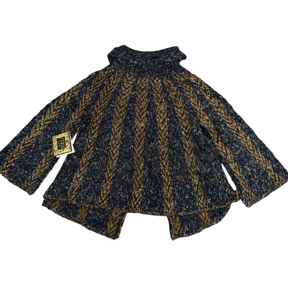 Anthropologie Curio Navy Gold Knit Poncho Sweater L Fall Cape Chunky knit - Picture 2 of 7